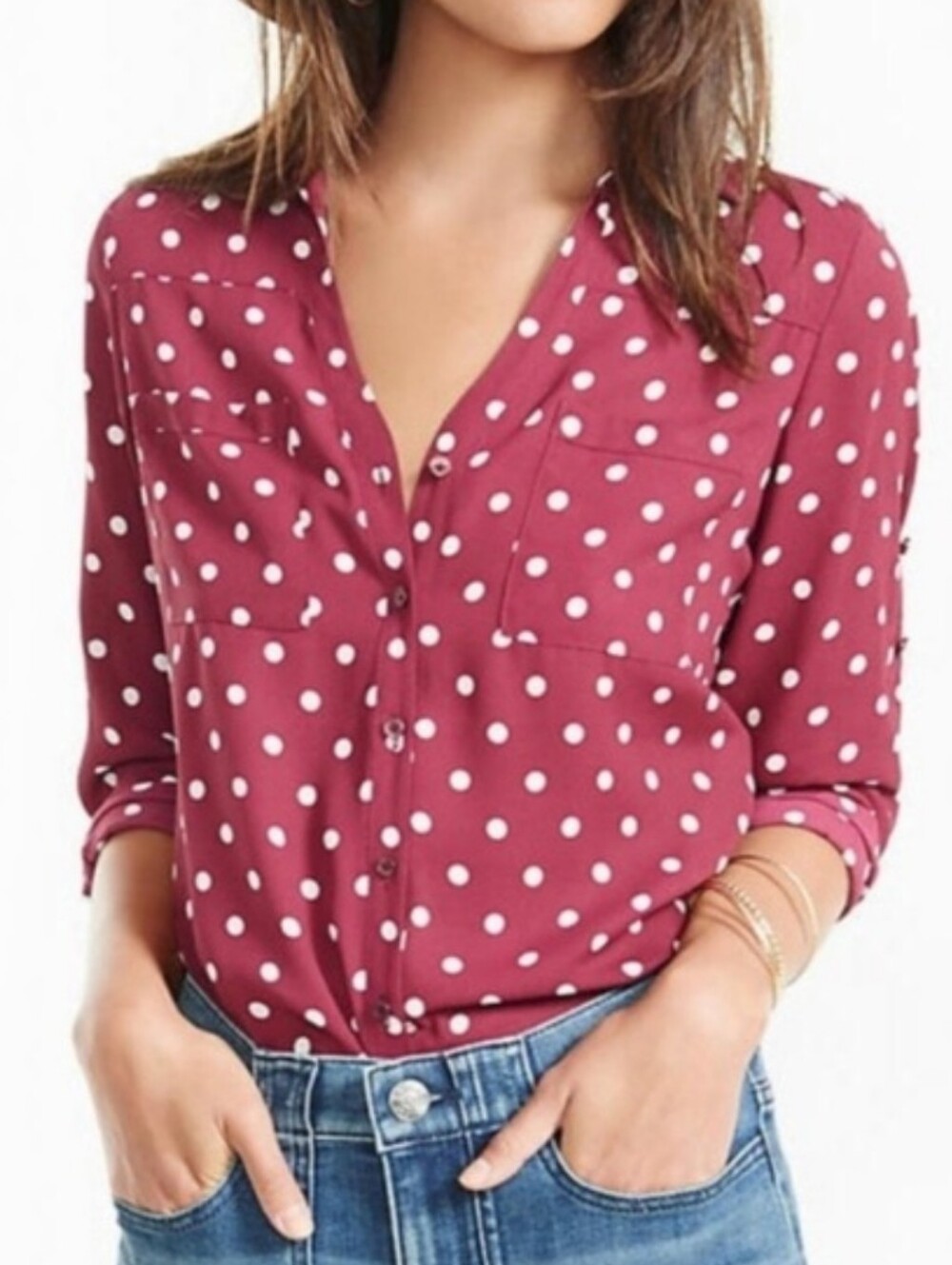 Express Portofino Slim Burgundy & White Polka Dot LS Button Blouse, Size M